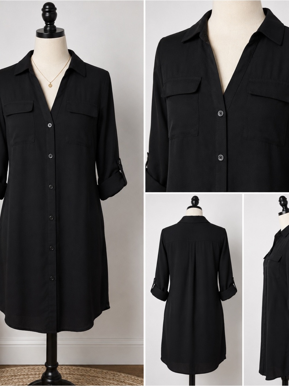 New York & Company XS Black Shirt Dress Roll Tab Sleeve Utility Button Front